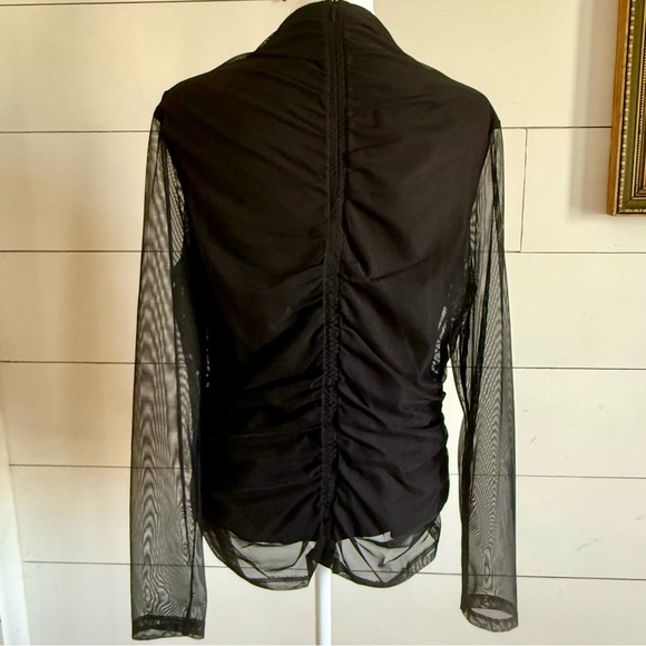 DKNY Women's Black Mock-Neck Long-Sleeve Ruched Mesh Top Size L - Picture 2 of 8